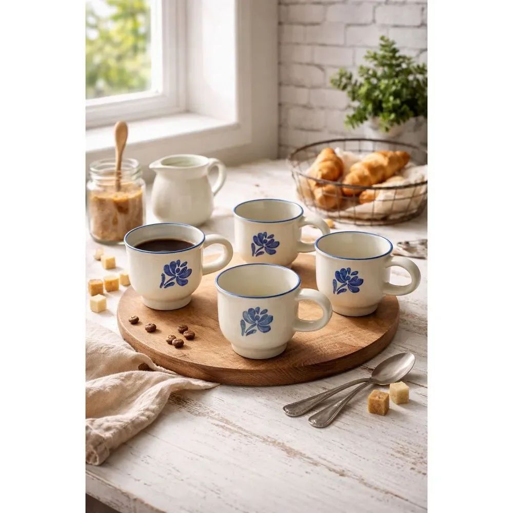 Pfaltzgraff Blue Floral Stoneware Coffee Mugs Set of 4 Cream Beige Farmhouse Cup